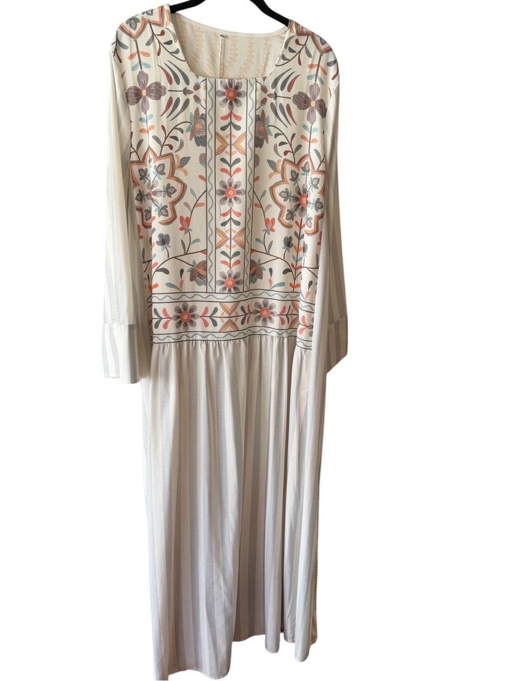 Boho Embroidered Cream Flowy Maxi Dress with Floral Motif Women's Plus Size 2XL